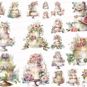 Floral Wedding Cake Clipart 18 PNG SVG  Bundle Flower Watercolor Sublimation Design Digital Download Images Stickers Transparent Background