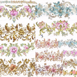 Vintage Flower Horizontal Border Clipart Bundle 25 PNG SVG Floral Sublimation Design Digital Download Images Retro Stickers Transparent