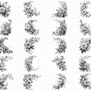 Flower Corner Border Black & White Clipart Bundle 25 PNG SVG Sublimation Design Scrapbooking Digital Images Download Transparent Background