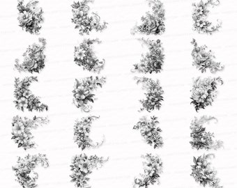 Flower Corner Clipart Bundle: Black & White Floral Borders (PNG, SVG)