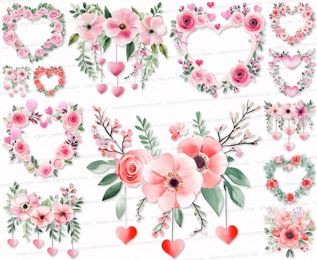 Valentine's Hearts Clipart Set: Floral Love Graphics (digital Download ...