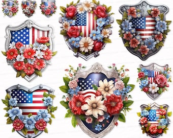 Shield PNG SVG Independence day Patriotism photorealistic clipart vibrant colors USA flag patriotic Screen Armor Floral Flower illustration