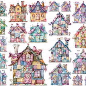 Può includere: Una collezione di illustrazioni ad acquerello di case patchwork stravaganti in vari colori pastello. Ogni casa presenta dettagli architettonici unici, tra cui camini, finestre e fiocchi decorativi, creando un'estetica affascinante e fiabesca.