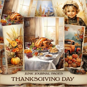 Thanksgiving Day Printable Clip Art 25 Junk Journal Pages Cozi Autumn Clipart Digital Papers Pumpkin Clipart Cards   Farmhouse