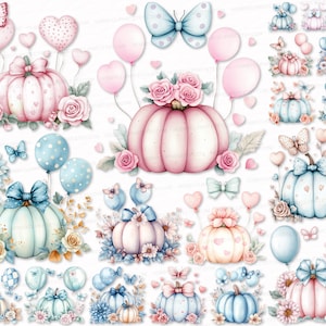Baby Shower Clipart Set Blue Pink Pumpkin 37 PNG SVG Bundle Cute Pastel Images Gender Revial Clip Art Files Digital Download Pumpkins
