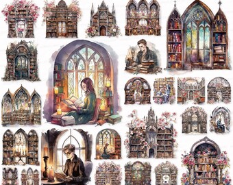 Library PNG SVG Watercolor Clipart Set Vintage Clip Art Illustration Library Sublimation Digital Download