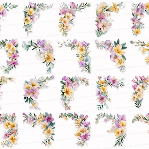 May include: A set of 24 watercolor corner floral arrangements. The corners are decorated with pink, yellow, and white flowers with green leaves.