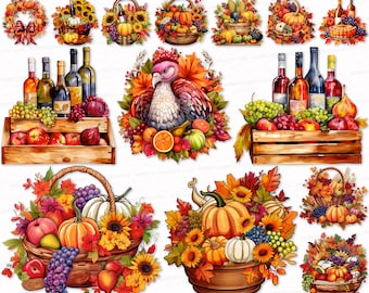 May include: A collection of digital clipart images featuring fall harvest themes. The images include baskets of fruit, vegetables, and gourds, as well as wreaths, turkeys, and wine bottles. The images are perfect for creating fall-themed crafts, cards, and decorations.