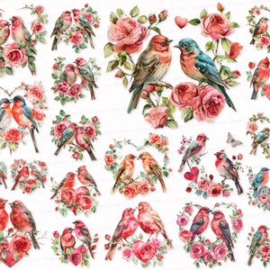 Happy Valentines Day PNG SVG Bundle 25 Cute Vintage Bird Clipart Card Junk Journal Kit Decor Floral Digital Sublimation Love 14th February