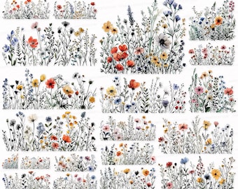 Watercolor Wildflower Border Clipart: PNG SVG Floral Set (Digital Download)