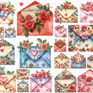 Letters PNG SVG Happy Valentine's Day 50 Clipart Bundle with Roses and Hearts Floral Envelopes Scrapbook Images Junk Journal Kit Love Floral