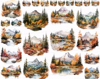 Watercolor Autumn Mountain Clipart: Landscape PNG SVG Pack (Digital Download)