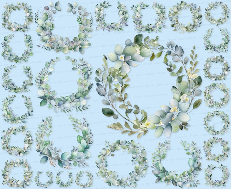 Watercolor Eucalyptus Wreath Clipart Set: Floral SVG PNG (digital ...
