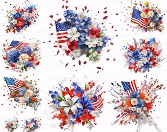 Patriotic Floral Fireworks Clipart: USA Flag, Independence Day (PNG, SVG)