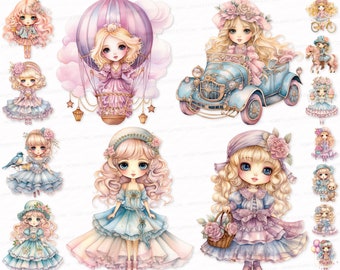 Vintage Watercolor Doll Clipart: Printable Girl Designs (PNG SVG Digital Download)