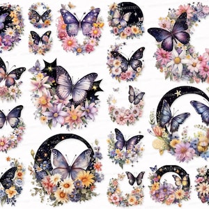 Blume Schmetterling PNG SVG Aquarell Clipart Set Floral Schmetterling Clip Art Schmetterling digitaler Download kommerzielle Nutzung Halloween Floral