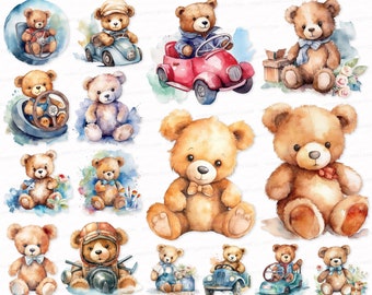 Watercolor Teddy Bear Clipart Set: PNG SVG for Commercial Use (Digital Download)