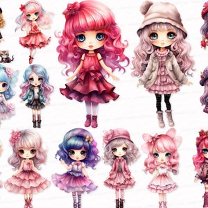 Cute Doll PNG SVG Bundle Watercolor Clip Art 22 Clipart Sublimation Design Digital Instant Download Scrapbook Images   Nice