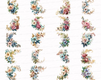 May include: A collection of watercolor floral corner designs. Each design features a variety of flowers in shades of blue, pink, peach, and white, accented with gold filigree. The arrangements are ideal for invitations, scrapbooking, and other craft projects.
