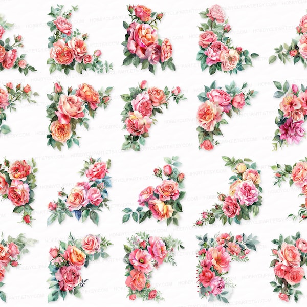 ROSES Corners Flower Border PNG SVG Watercolor Clipart Flower Stickers Border Clip Art Border Sublimation Digital Download Commercial Corner