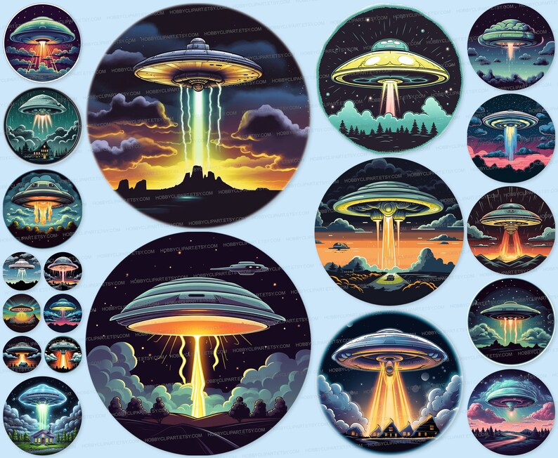 UFO PNG SVG Clipart Set UFO Clip Art Ufo Sublimation Digital Download Commercial Use Stickers Flying saucer, Unidentified flying object, Extraterrestrial spacecraft, Alien spacecraft, Flying disc.