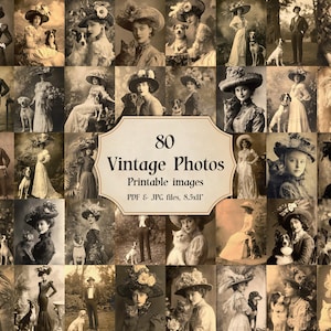 Vintage People with Pets Photo Printables – 80 Black White Lady and Gentleman Portraits with Cats & Dogs, Junk Journal Ephemera Download