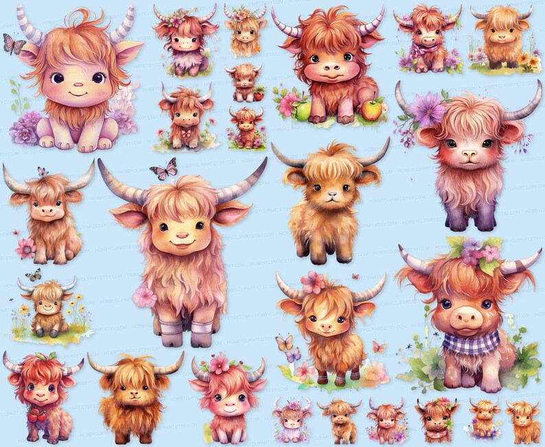 Watercolor Highland Cow Clipart Set: Baby Calf PNG SVG (digital ...