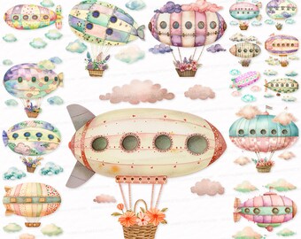 Watercolor Airship Clipart: Zeppelin & Balloon PNG, SVG (Digital Download)