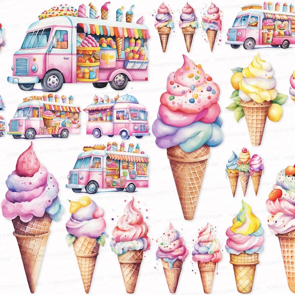 Ice Cream PNG SVG Watercolor Clipart Set Ice Cream Sublimation Digital Download Commercial Use Scrapbook Images Ice Cream Stickers Pink Ice