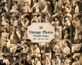 Vintage Lady Portraits Printable – 50 Black and White Victorian Women Photos, Antique Ephemera for Junk Journals & Scrapbooking Download