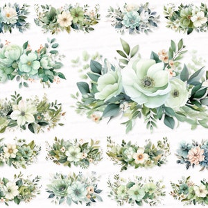Watercolor Floral Borders PNG SVG Printable 25 Green Floral Clipart for Cards Invitations Junk Journal illustrations Postcard Green