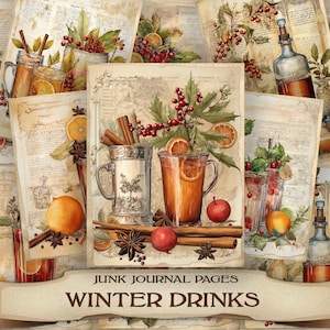 Vintage Printable Clip Art 25 Junk Journal Pages Watercolor Winter Drinks Clipart Digital Download Papers Clipart