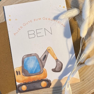 Geburtstagskarte *Geburtstag * Personalisiert mit Namen * Papier* Grußkarten*Bagger* Junge* Kindergeburtstag* Happy Birthday* 10.6x14.8cm