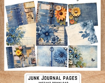 Blue Denim Junk Journal Pages, Floral Ephemera, Vintage Style, Instant Download PNG Files