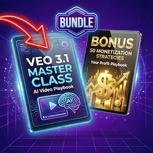 May include: Digital bundle graphic with the word "BUNDLE" at the top. The image features two tablets. One tablet displays "VEO 3.1 MASTER CLASS AI Video Playbook". The other tablet shows "BONUS 50 MONETISATION STRATEGIES Your Profit Playbook".