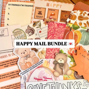 May include: A collection of fall-themed stationery items, including cards, stickers, and decorative elements. The phrase "Happy Mail Bundle" is prominently displayed, along with the text "Give Thanks to the Lord". The color palette includes warm tones of orange, brown, and beige.