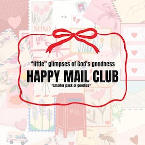 May include: A collage of stationery items with a red bow and the text "HAPPY MAIL CLUB". The background features stamps, envelopes, and hearts in shades of pink and white. A red mailbox illustration is also present.
