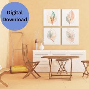 Minimalist Watercolor Leaf Wall Art, Set of 4, Modern Minimalist Digital Print for Bedroom, Botanical Print for Home Decor, Simple Line art