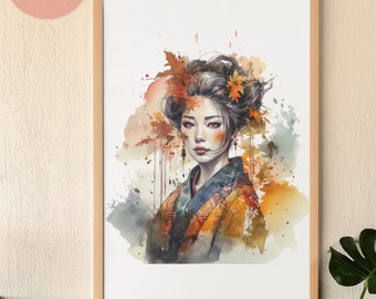 Japanese Woman In a Kimono Digital Art Print, High Definition Autumn Watercolor Digital Download, Wall Décor For New Home, Feng Shui
