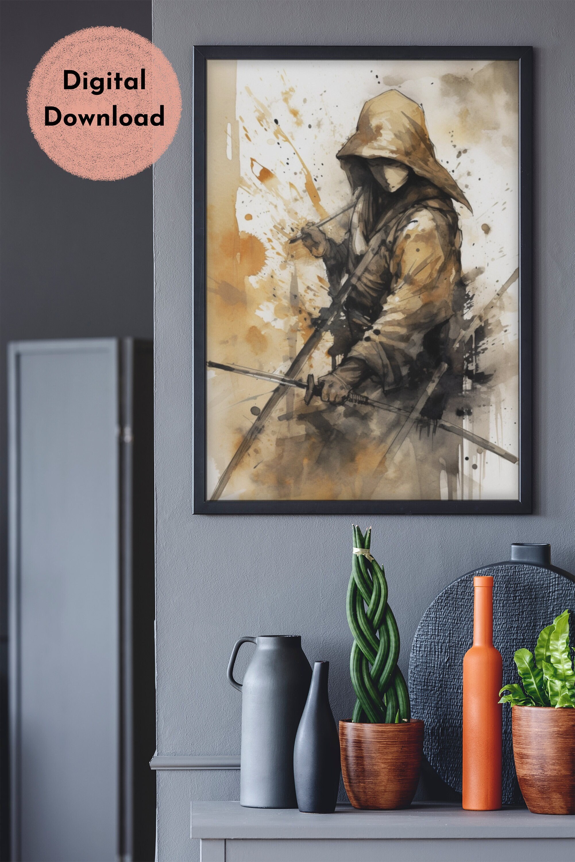 Abstract Samurai Ink Painting, Japanese Warrior Digital Download, Wall ...
