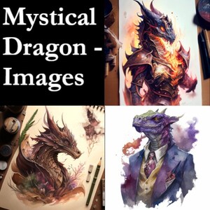 Könnte beinhalten: Eine Collage aus drei Aquarellbildern mit Drachen. Der erste Drache trägt eine Rüstung und hat Feuer, das aus seiner Brust kommt. Der zweite Drache ist braun und hat ein natürlicheres Aussehen. Der dritte Drache trägt einen Anzug und eine Krawatte und hat ein verspielteres Aussehen.