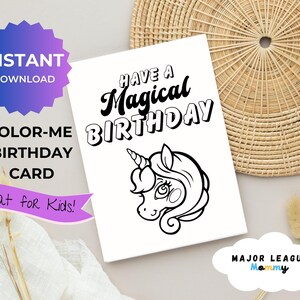 Unicorn Printable Coloring Birthday Card, Birthday Coloring Card for Kids, Unicorn Coloring Pages Birthday Card, Instant Download