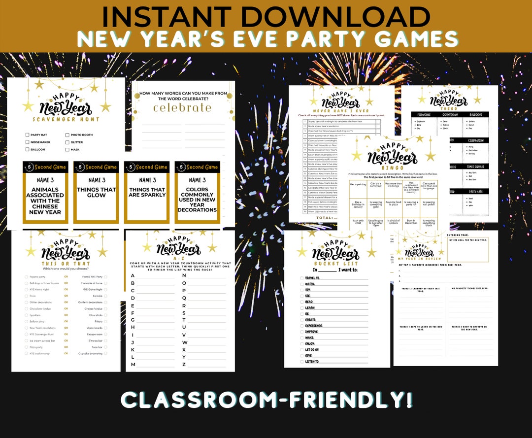 Printable New Year's Eve Game Bundle, 10 New Year Party Games for Classroom, Party Games for ...