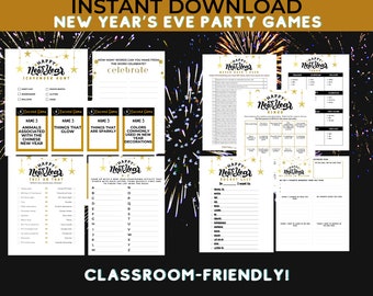 Printable New Year's Eve Game Bundle, 10 New Year Party Games for Classroom, Party Games for Kids, Printable Family Games, Instant Download