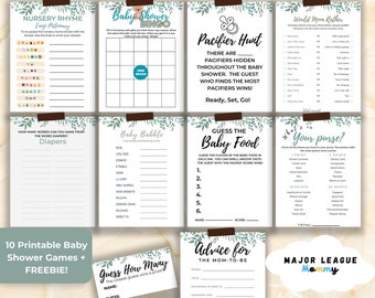 Greenery Baby Shower Game Bundle PLUS Bonus Baby Name Race Printable, Printable Baby Shower Games, 10 Baby Shower Games, Instant Download