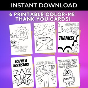6-Pack Color-Me Thank You Cards for Kids, Digital Thank You Cards, DIY Coloring Card, 6 Print at Home Cards, Coloring Fun, Coloring Pages