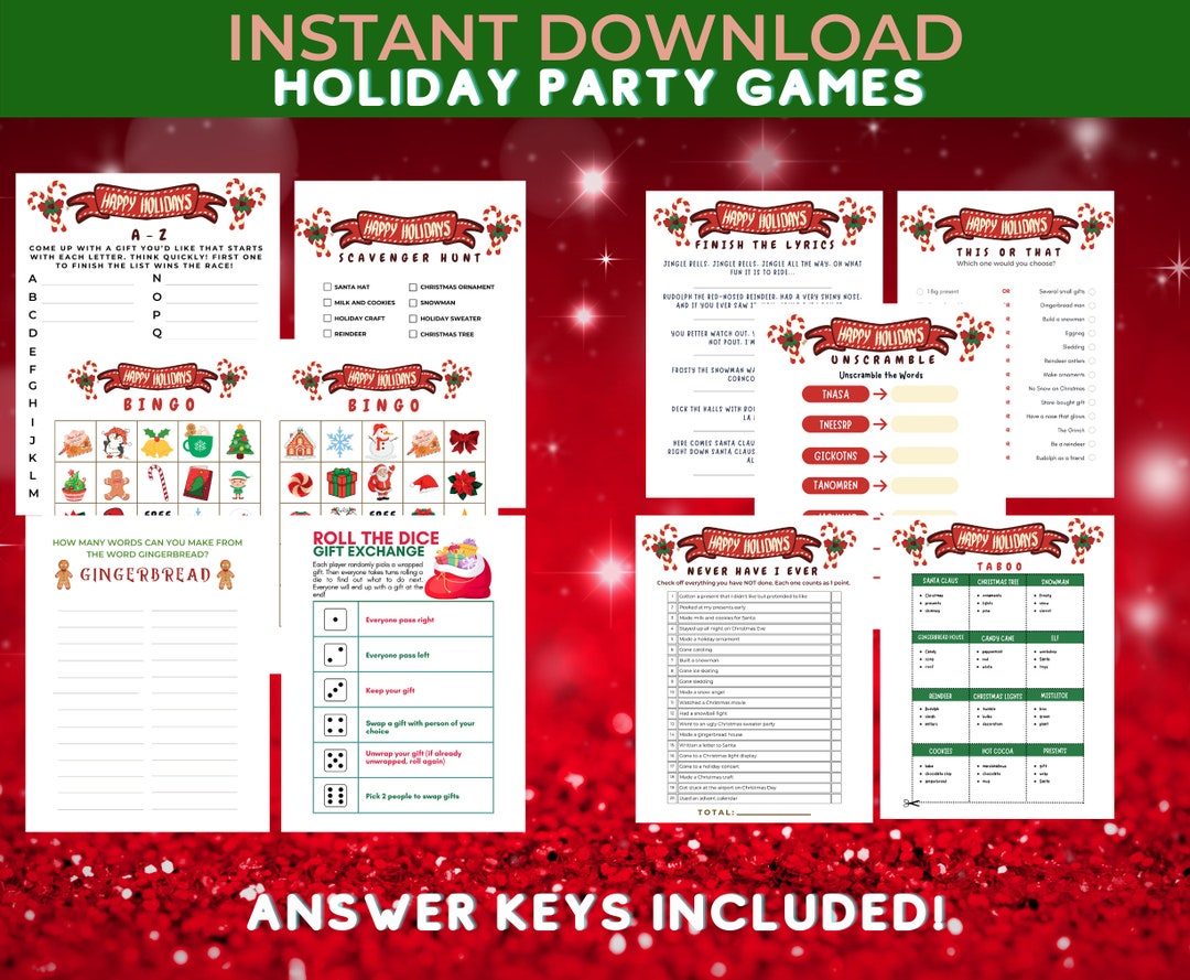 Printable Christmas Game Bundle, 10 Christmas Party Games, Instant