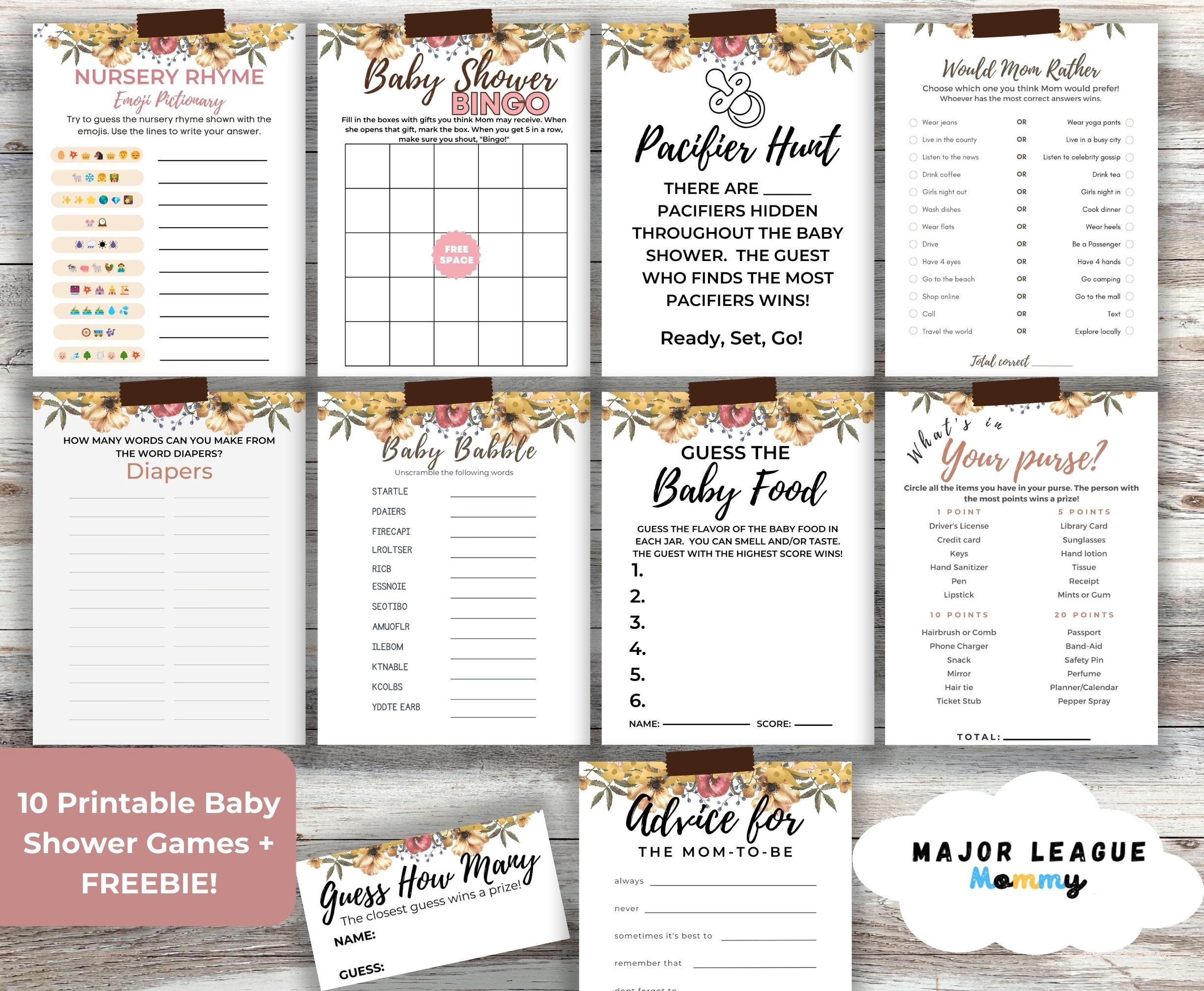 Floral Baby Shower Game Bundle PLUS Bonus Baby Name Race Printable