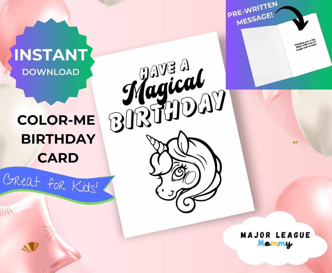 Digital Download Printable Unicorn Card, Coloring Birthday Cards ...