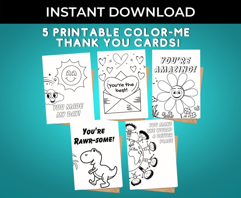 5-pack Printable Thank You Card for Kids, Printable Stationery, Thank ...